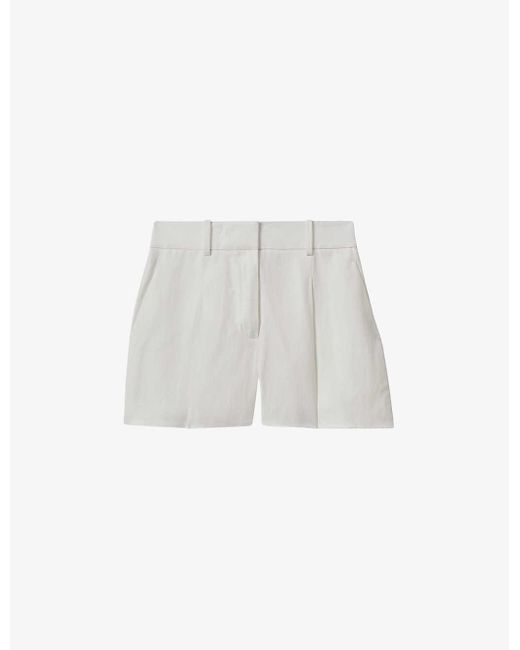 Reiss White Lori Front-pleat High-rise Linen-blend Shorts