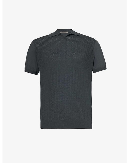 Corneliani Black Short-sleeved Textured Cotton Polo Shirt for men