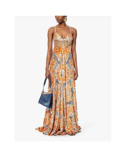 Etro Orange Plunge-neck Paisley-pattern Woven Maxi Dress