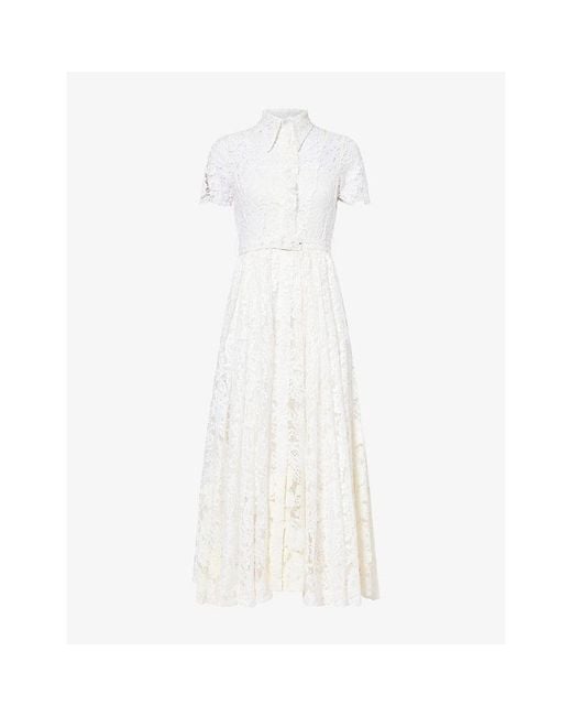 Mona Alshebil White Semi-Sheer Belted Lace Maxi Dress