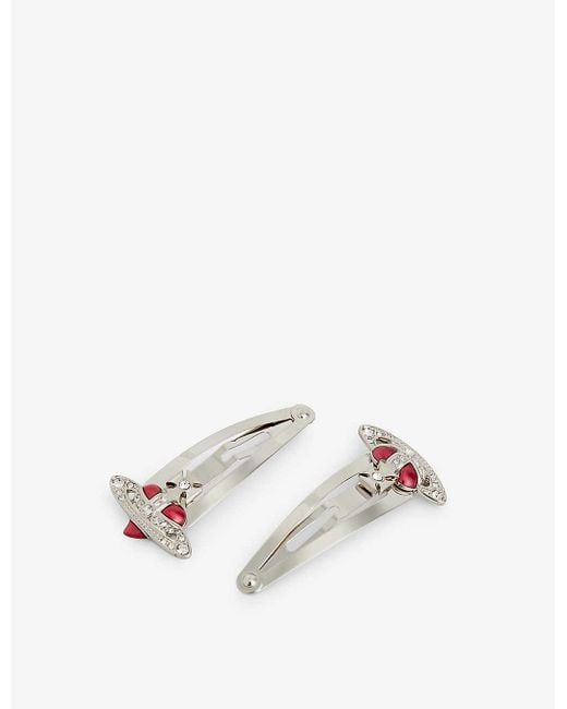 Vivienne Westwood White Heart Diamante-embellished Silver-tone Brass Set Of Two Hairclips