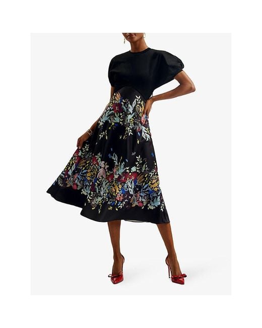 Ted Baker Black Maulina Floral-print Stretch-woven Midi Dress