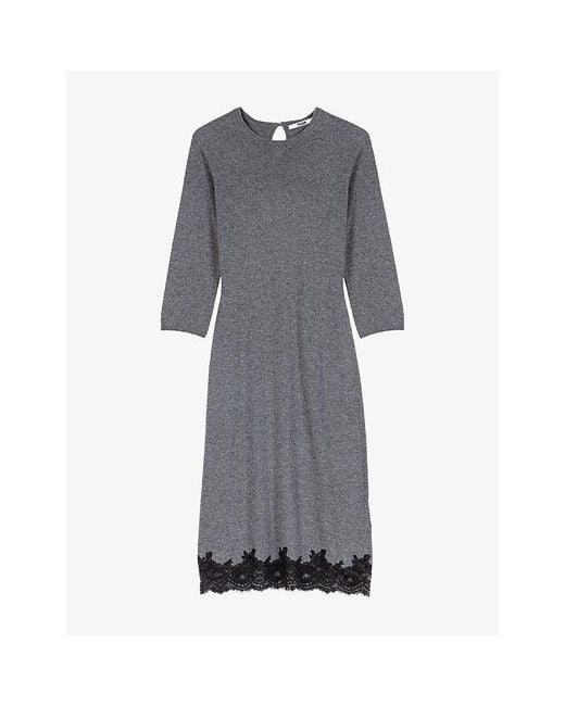Maje Gray Round-Neck Lace-Trim Wool Midi Dress