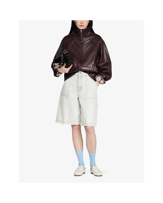 Sandro Brown Zipped Funnel-Neck Leather Jacket