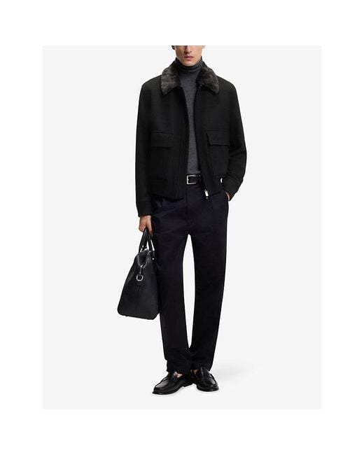 Boss Black Faux-Fur-Collar Wool And Cashmere Coat for men