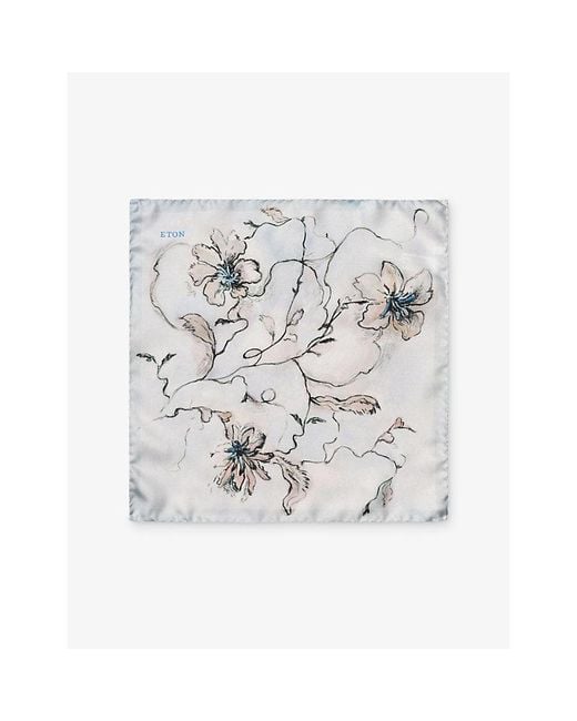 Eton of Sweden White Branded Floral-Print Silk Pocket Square for men