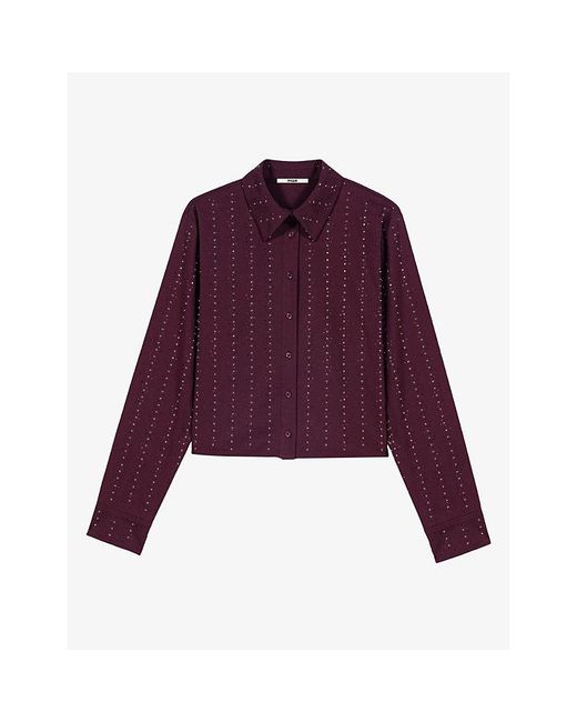 Maje Purple Cropped Rhinestone-Embellished Stretch Cotton-Blend Shirt