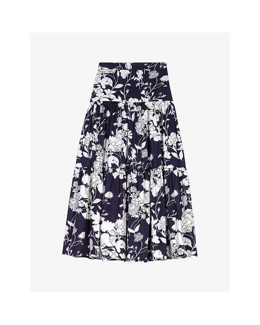 Maje Blue Floral-print Gathered Cotton Maxi Skirt
