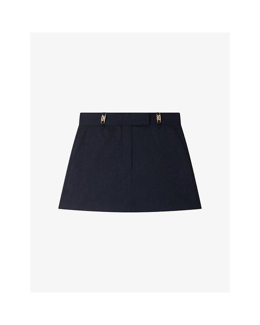 Sandro Blue Striped Flared-Cut Stretch Wool-Blend Mini Skirt