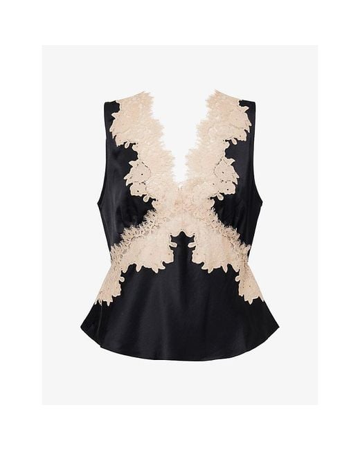 Rixo Blue Emmie Lace-Trim Satin Top