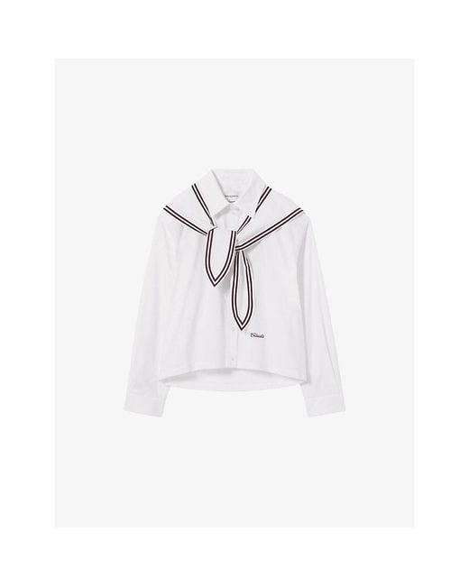 Claudie Pierlot White Scarf-Detail Brand-Embroidered Cotton-Poplin Shirt