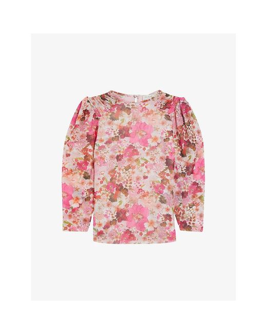 Ted Baker Pink Pressed Flower-print Puff-sleeve Stretch-mesh Top