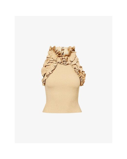 Zimmermann Luna Ruffled Metallic Rib-Knit Top
