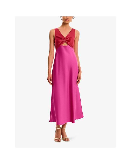 OMNES Pink Maggy V-Neck Cut-Out Sleeveless Satin Midi Dress