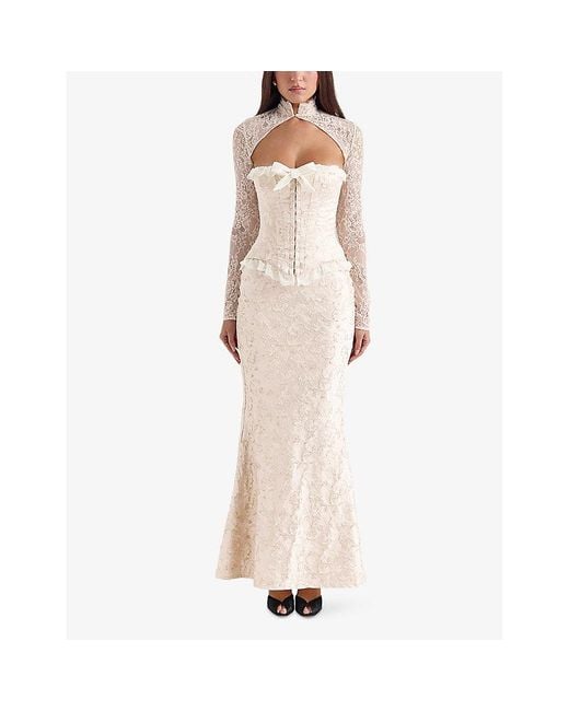 House Of Cb Natural Perdita Metallic-Jacquard Corset And Bolero Lace Top