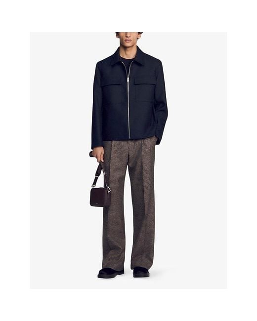 Sandro Blue Collared Patch-Pocket Wool-Blend Jacket for men