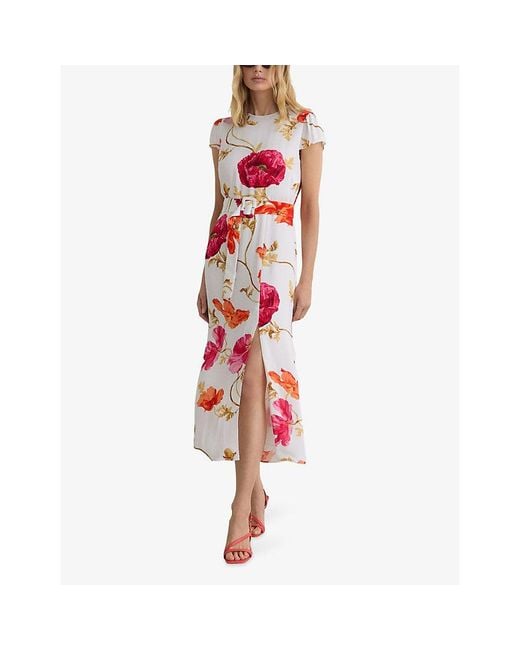 Reiss Red Lyra Floral-Print Crepe Midi Dress