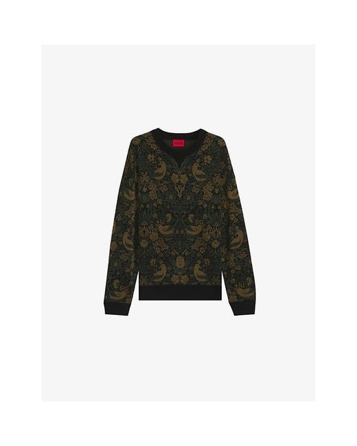 HUGO Black Tapestry Jacquard Relaxed Knitted Jumper for men
