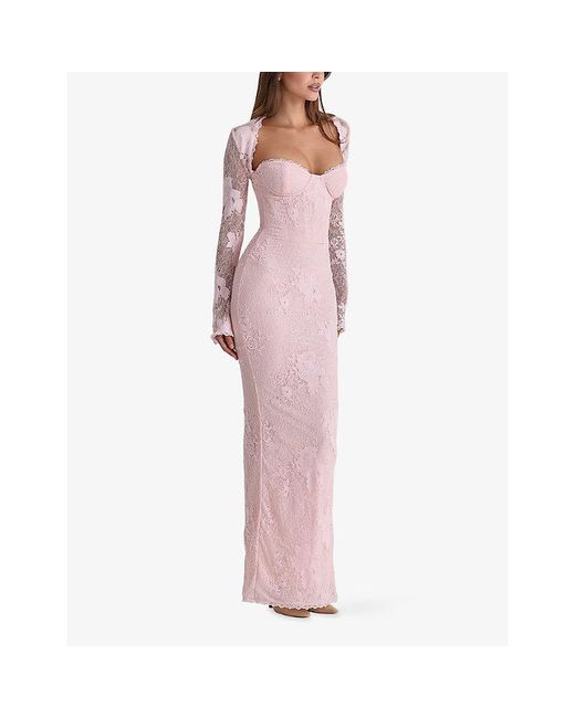 House Of Cb Pink Lucienne Floral Stretch-Lace Maxi Dress Xs (A-C Cup)