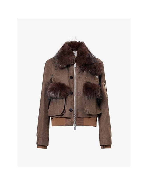 Sacai Brown Faux-Fur Trimmed Wool Jacket