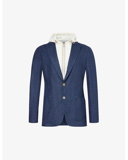 Eleventy Blue Hooded Notched-lapel Linen And Cotton-blend Blazer for men