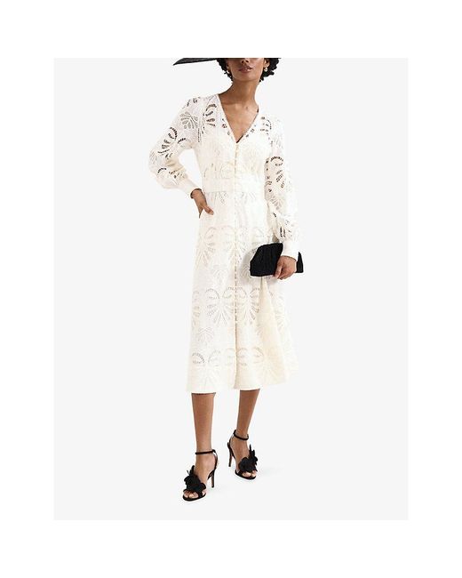 Phase Eight White Inara V-Neck Broderie Cotton Midi Dress