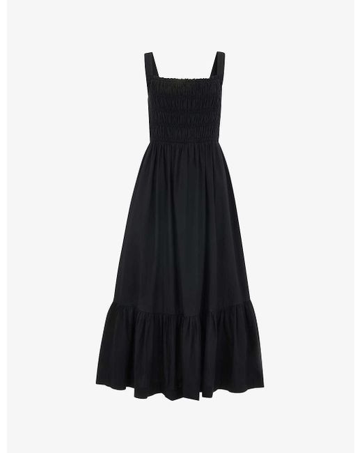 Whistles Black Greta Shirred-bodice Ruched Cotton-poplin Midi Dress