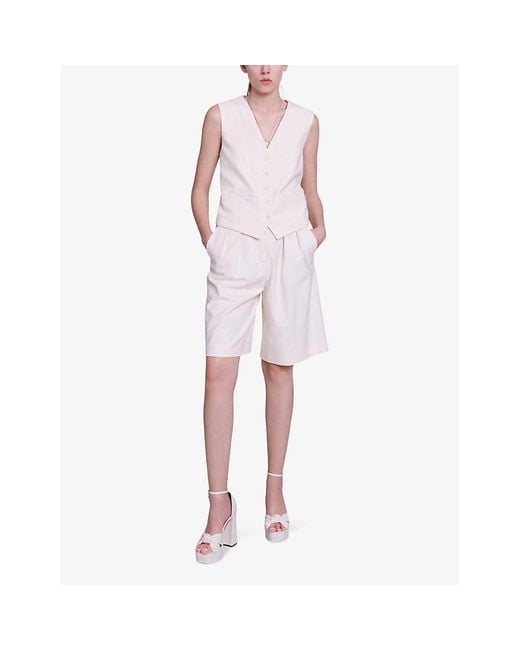 Maje White Wide-leg High-rise Pleated Stretch-woven Shorts