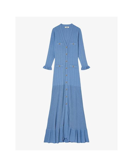 Sandro Blue Button-up Stretch-knit Midi Dress