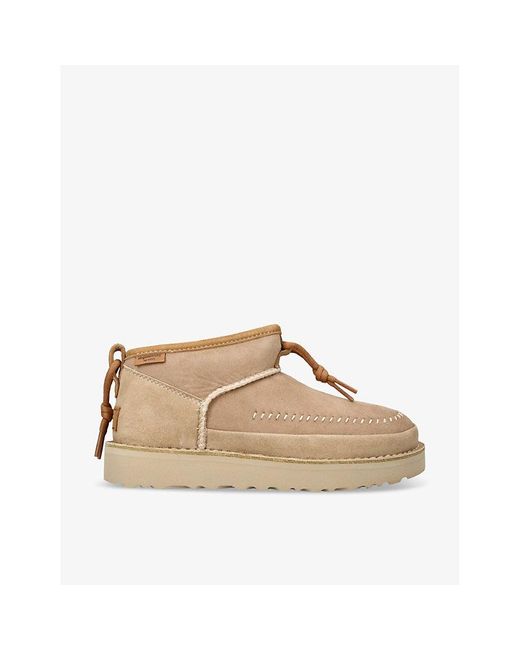 Ugg Natural Ultra Mini Crafted Logo-patch Suede And Shearling Ankle Boots