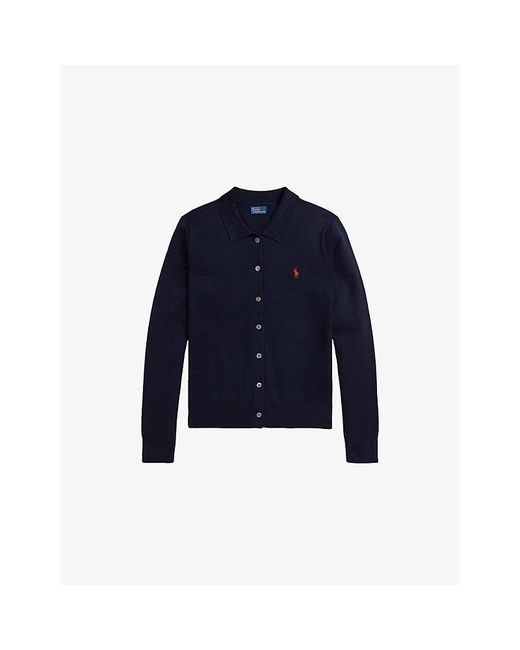 Polo Ralph Lauren Blue Logo-Embroidered Collared Cotton-Blend Cardigan