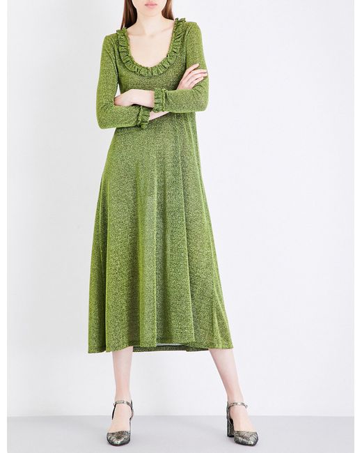 ALEXACHUNG Green Frilled-trim Metallic Jersey Dress