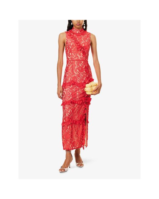 Alessandra Rich Red High-Neck Ruffled Lace Midi Dress
