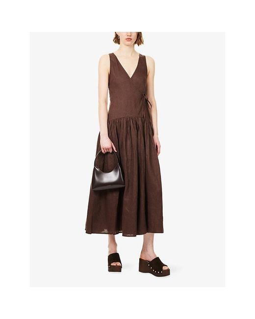 Dissh Ilio Wrap-Over Linen Midi Dress in Brown | Lyst Dissh Ilio Wrap-Over Linen Midi Dress in Brown | Lyst