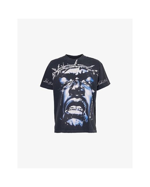HELLSTAR Blue Graphic-Print Distressed Cotton-Jersey T-Shirt for men