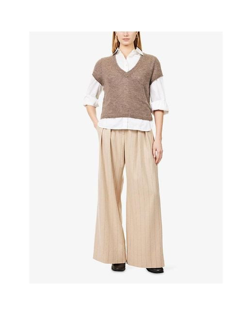 ME+EM Brown V-Neck Cap-Sleeves Wool, Cashmere And Silk Top