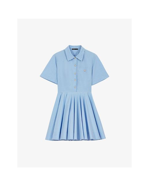 Maje Blue Flared Chest-Pocket Stretch-Cotton Shirt Dress