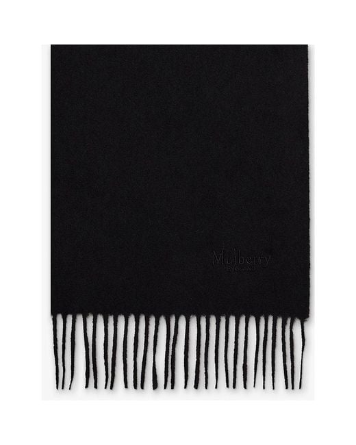 Mulberry Black Branded Fringed Wool Scarf