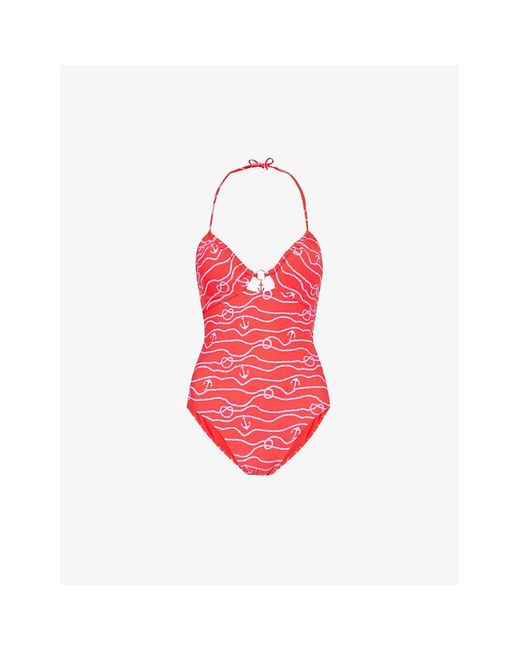 Seafolly Red Set Sail Graphic-pattern Stretch Recycled-nylon Swimsuit