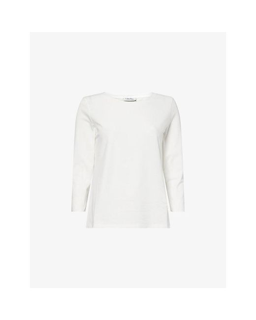 Max Mara White Round-Neck Three-Quarter-Length-Sleeve Cotton T-Shirt