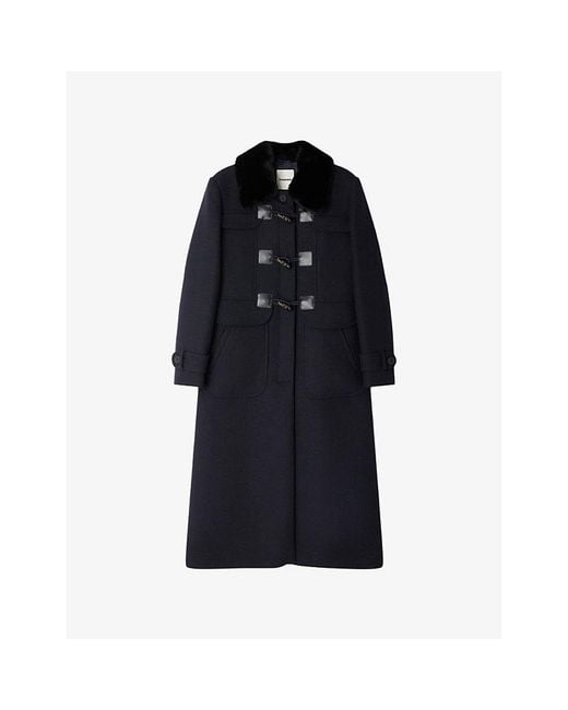 Sandro Blue Velvet-Collar Regular-Fit Wool-Blend Coat