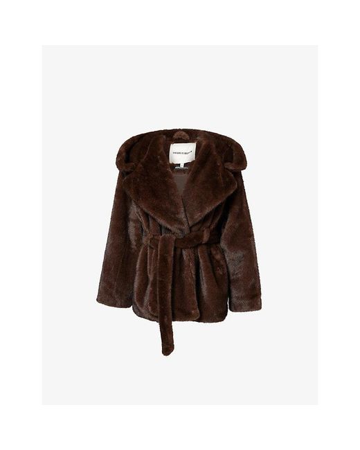 The Couture Club Brown Hooded Peak-Lapel Faux-Fur Coat
