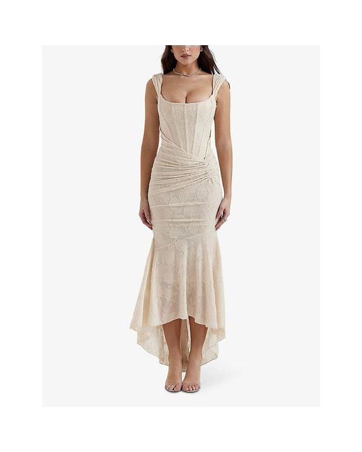 House Of Cb White Cesca Floral-print Corseted Stretch-woven Maxi Dres