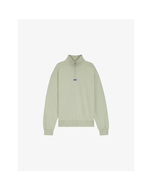 HUGO Green Logo-Patch Quarter-Zip Cotton-Terry Sweatshirt for men