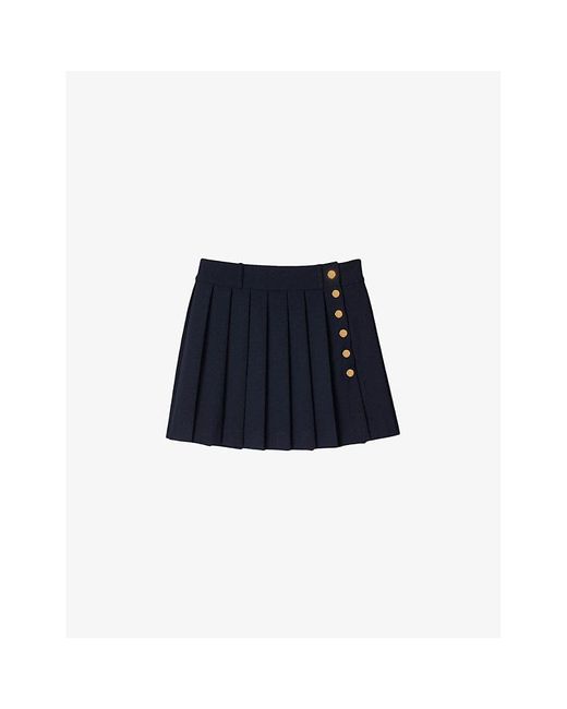 Sandro Blue Button-embellished Pleated Woven Mini Skirt
