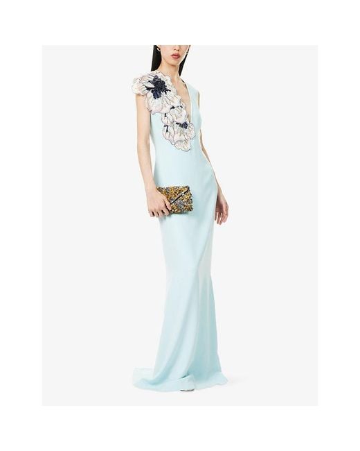 Costarellos Blue Perlina Sequin-Embellished Satin Gown