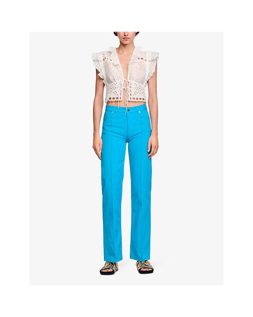 Sandro White Ruffle-neck Embroidered Woven Crop Top
