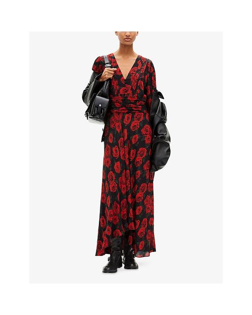 The Kooples Red Rose-Print V-Neck Woven Maxi Dress