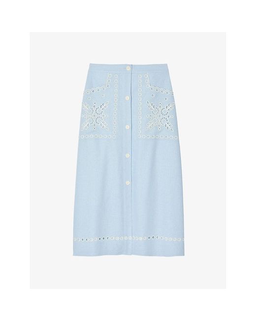Sandro Blue Broderie-anglaise High-rise Linen-blend Midi Skirt