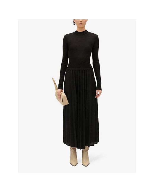 Claudie Pierlot Black Pleated Wool And Knitted Midi Dress